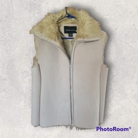 Moda International Tan Beige Faux‎ Fur Suede Zip Vest Excellent Condition Medium - Picture 1 of 3